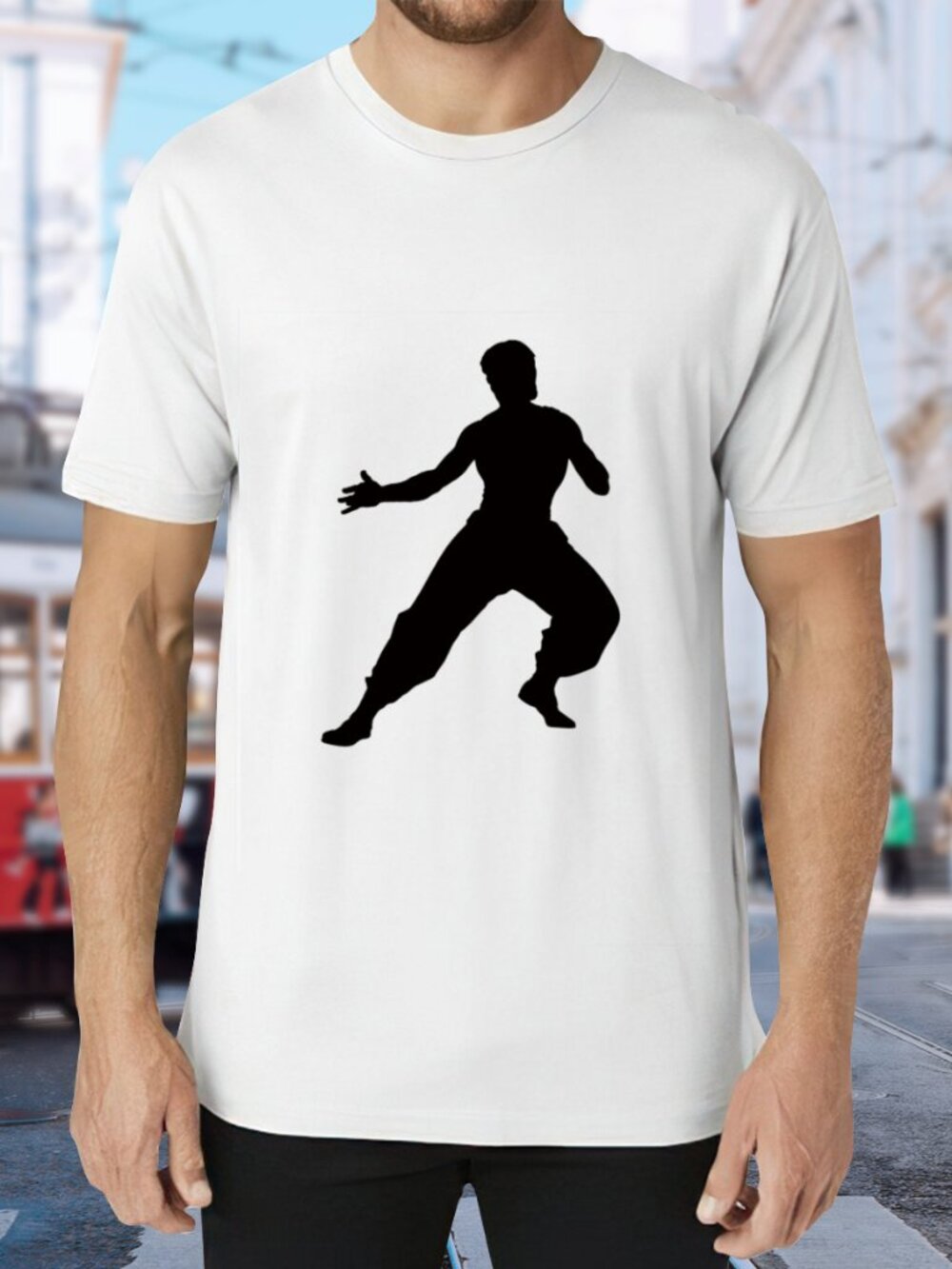 White Short Sleeve Tee with Black Martial Arts Silhouette - Unbranded
